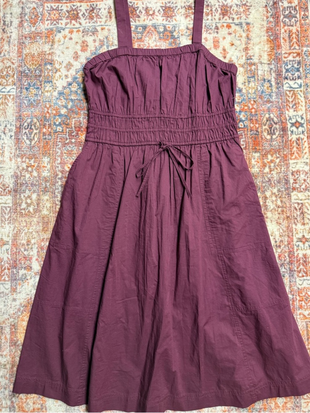 Plum Purple Midi Dress Smocked Waist Adjustable Straps Size L